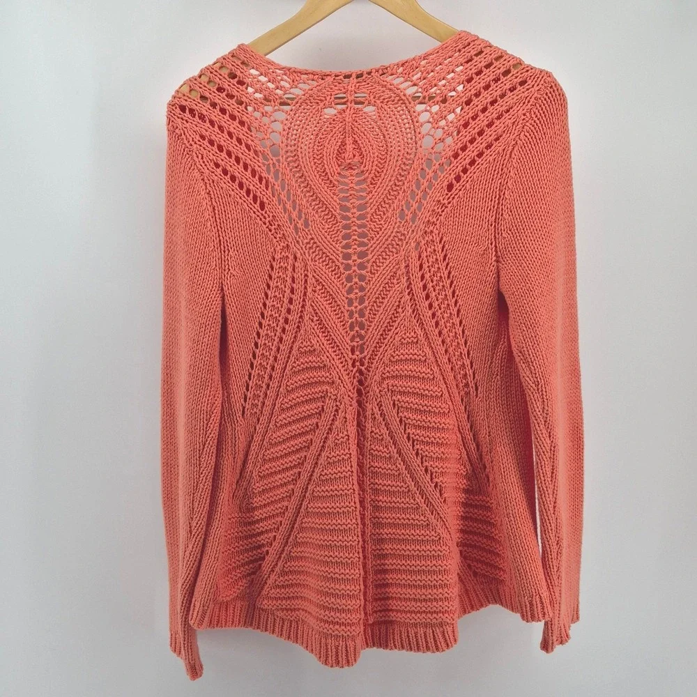 Soft Surroundings Coral Orange Crochet Knit Button Front Cardigan Sweater‎ PM